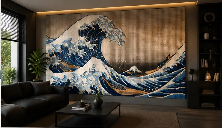 MIXEL pixel wall — The Great Wave built from cubes in a living room
